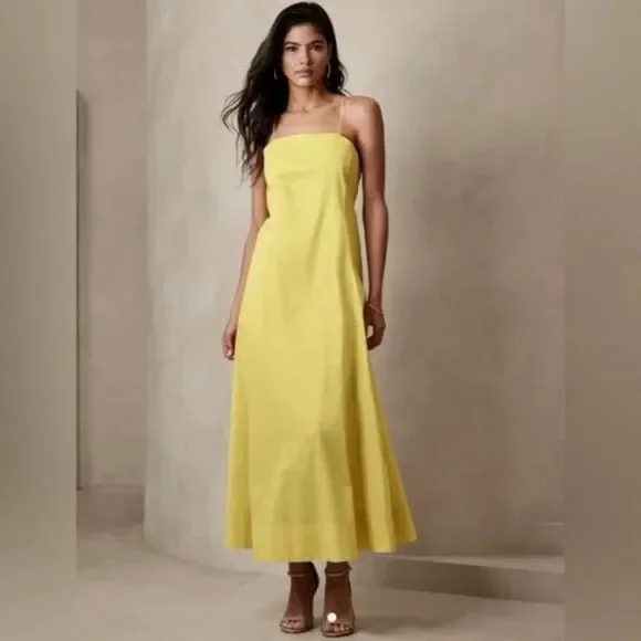Banana Republic | Dresses | Br Square Neck Butter Yellow Maxi Dress Xl Tall  Strappy Low Cut Back Flounce Hem | Poshmark